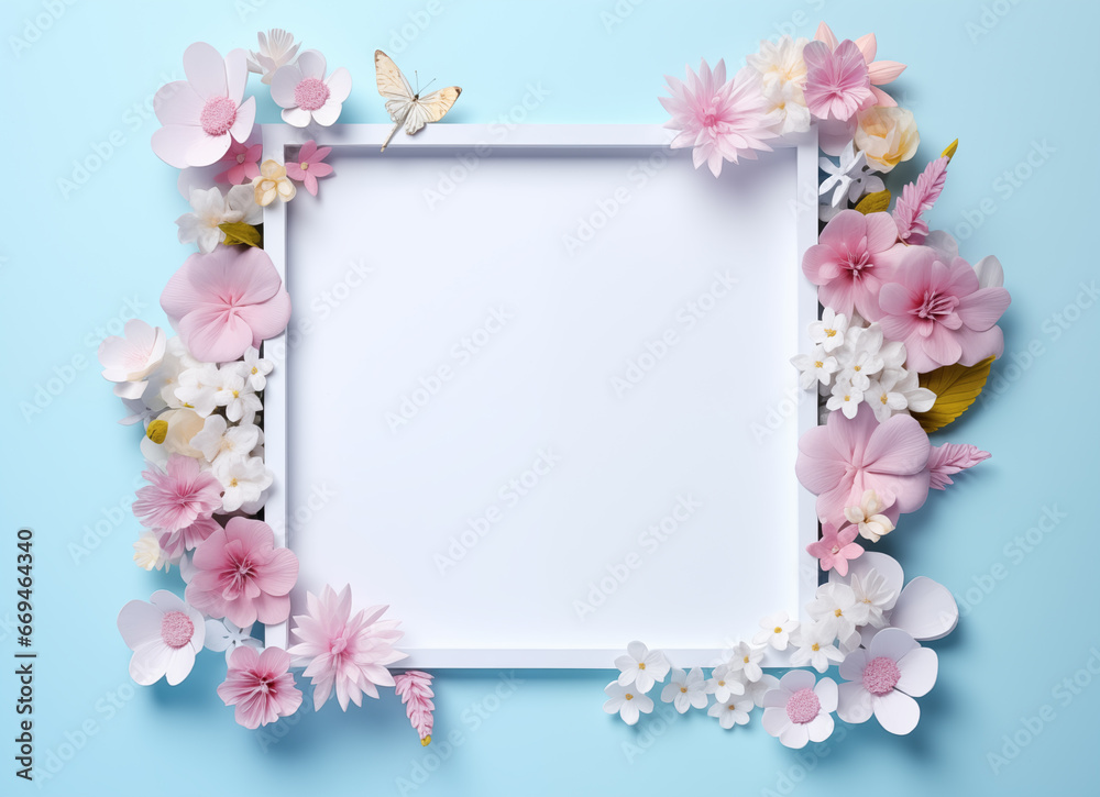 A blank piece of paper with flowers and flowers on light blue background