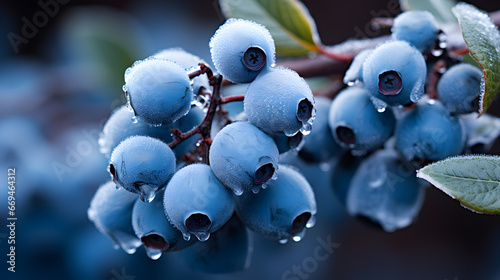 Closeup portrait of a blue berries on a branch, frosty cold morning
