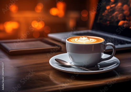 A cup of coffee on the table background design