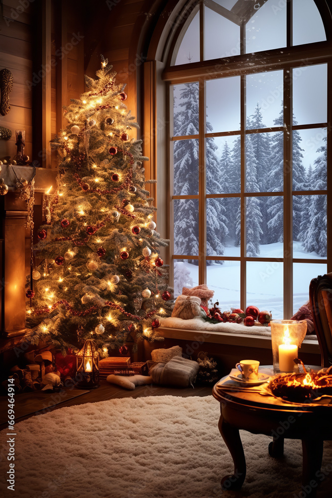 christmas setting, real, cozy room, christmas tree, bright lights on christmas tree, fireplace, snow outside window
