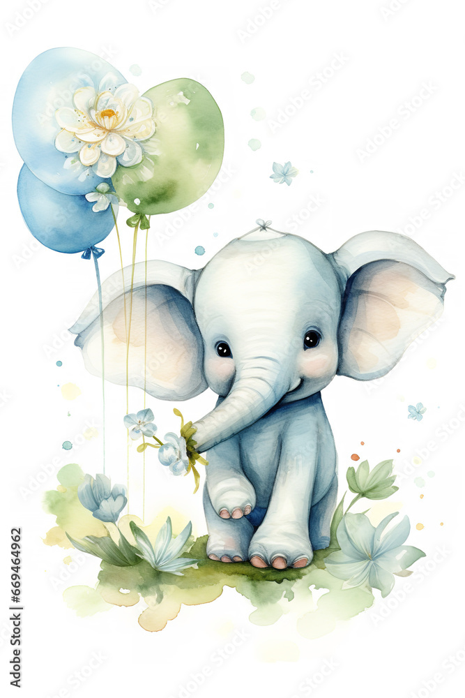 cute baby elephant with balloons, green leafs and flowers on background, watercolor kids illustration in pastel blue colours