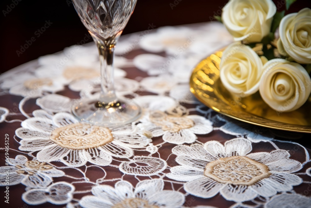 Fototapeta premium A close-up view of the intricate pattern of a lace tablecloth, elegantly spread on a table set for a New Year's Eve dinner