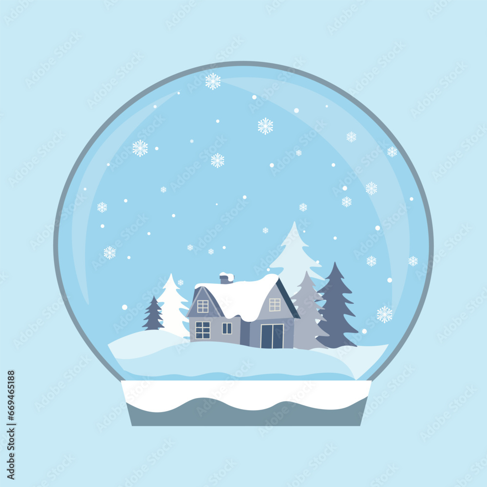 Cute snowglobe of blue home over pine tree with snowflake background. Vector illustration for Merry Christmas concept