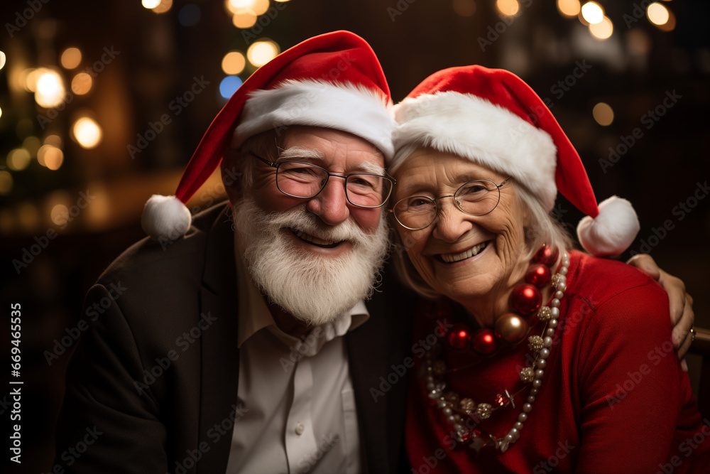 elderly couple in christmas hats wearing winter clothes and smling. Funny and cool image for creative christmas ad campaign elderly couple in christmas hats wearing winter clothes and smling. Funny and cool image for creative christmas ad campaign