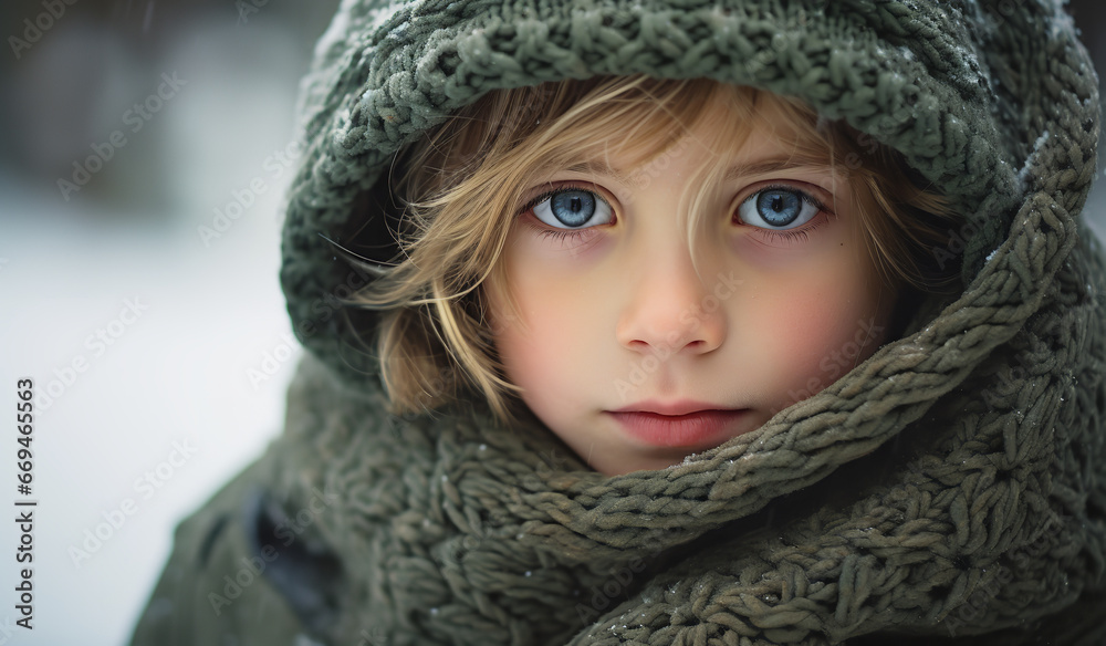 poor child wearing a sweater in winter stock image, in the style of war photography, humor meets heart
