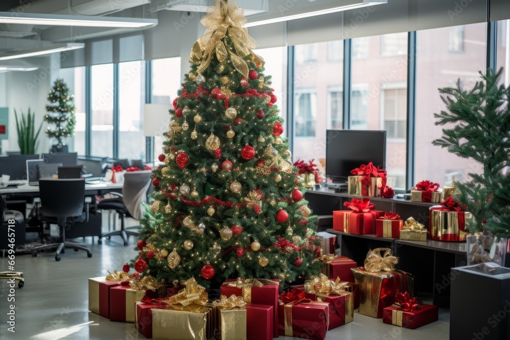 A festive office celebration marking December business milestones with a beautifully decorated Christmas tree, sparkling lights, and employees exchanging gifts