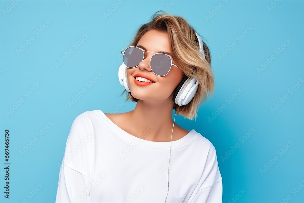 Summer portrait of stylish woman in headphones listening to music blowing her lips sends kiss on blue background