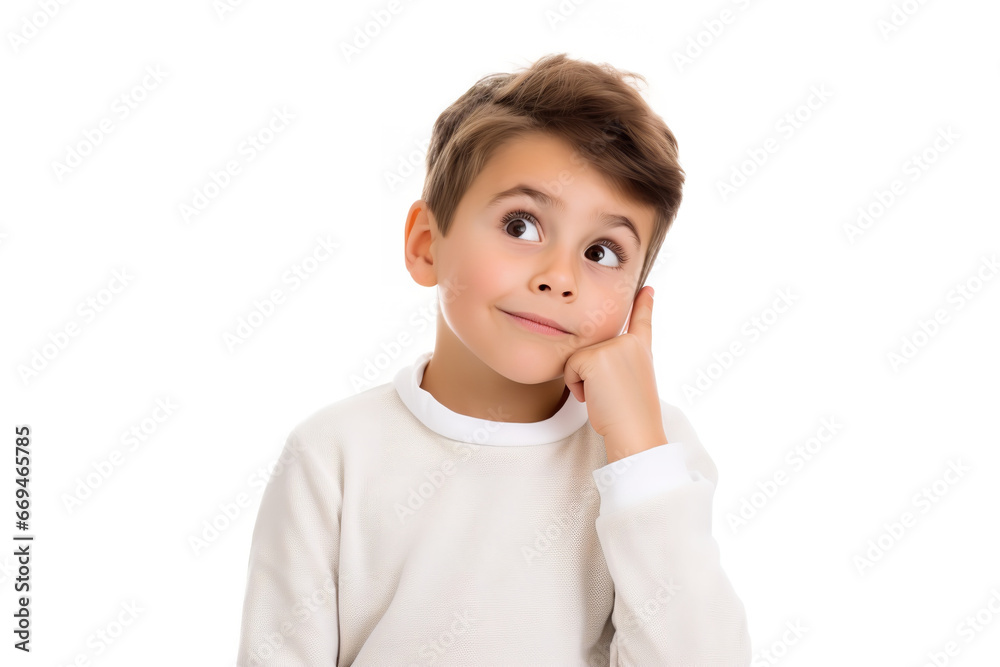 Thinking, face kid with decision on isolated white , copy space Thinking, face kid with decision on isolated white , copy space