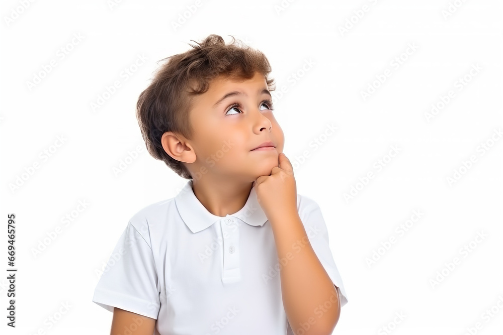 Thinking, face kid with decision on isolated white , copy space Thinking, face kid with decision on isolated white , copy space
