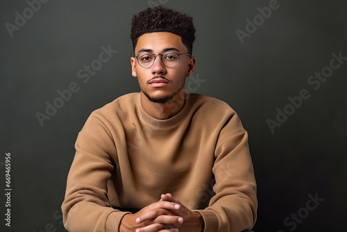 young man in glasses in a sitting position., in the style of light brown and gray, multiculturalism, relatable personality, sense of quiet contemplation