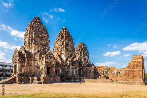 Phra Prang Sam Yot temple with monkey, ancient architecture in Lopburi, Thailand