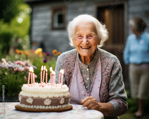 Cake with candles in front of a hundred year old woman whose birthday