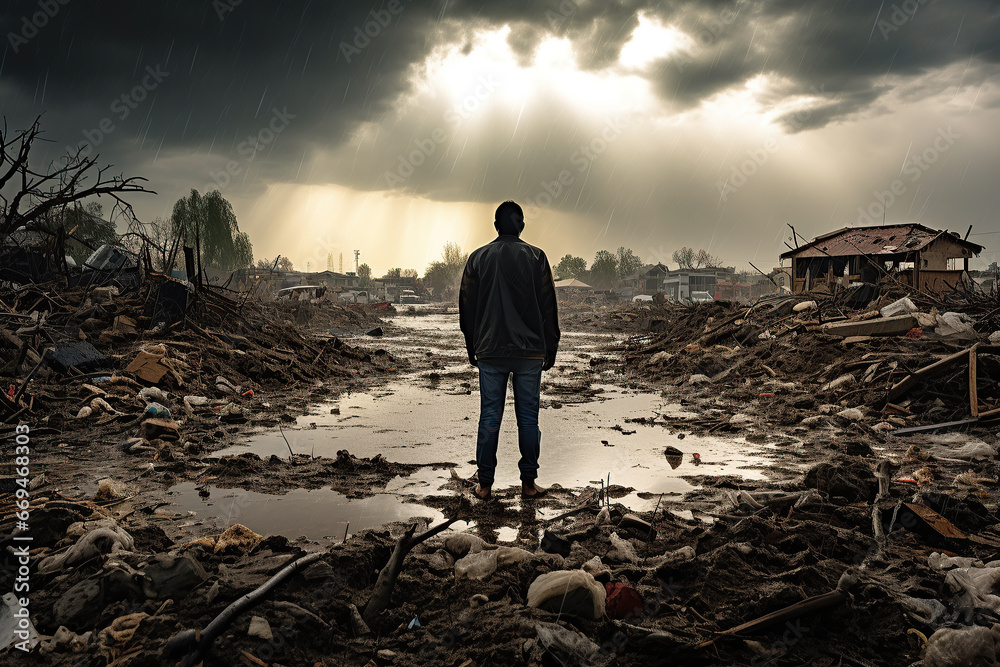 A man, facing the aftermath of nature's wrath, stands amidst the wreckage wrought by floods, earthquakes, and the ravages of war. A man, facing the aftermath of nature's wrath, stands amidst the wreckage wrought by floods, earthquakes, and the ravages of war.