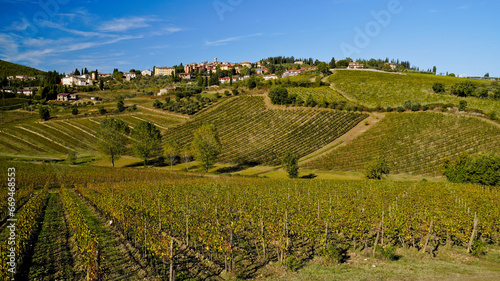 Le colline e i vigneti sul percorso dell'Eroica . Panorama autunnale. Chianti, Toscana. Italia