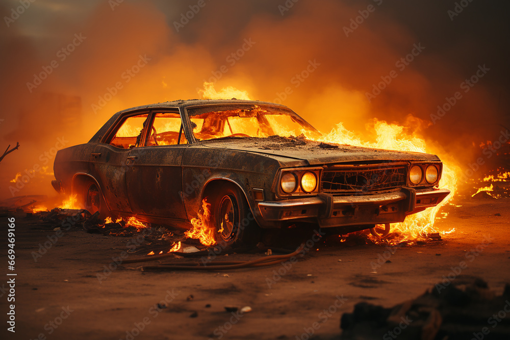 Burning car at night.