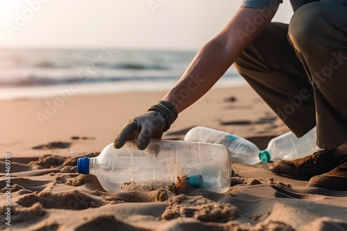 Cleaning up trash on the beach.  photo