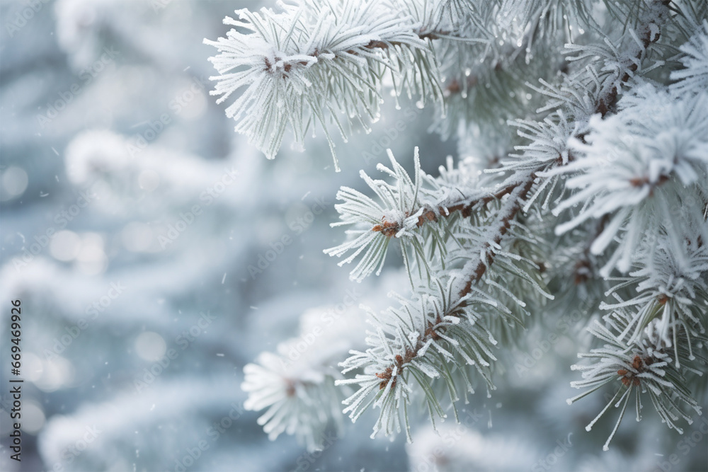Winter background snow-covered spruce branch in the winter forest , 2024