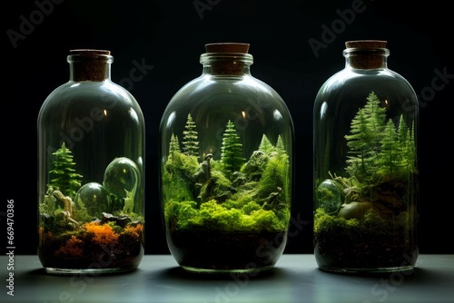 Delicate Glass bottle with green ecosystem. Natural plant. Generate Ai