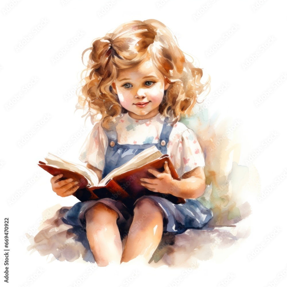 Watercolor little girl reading a book while sitting in a chair Watercolor little girl reading a book while sitting in a chair