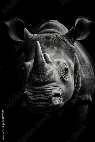 High resolution HD photo portrait of Rhino, black background, detailed, generative AI 