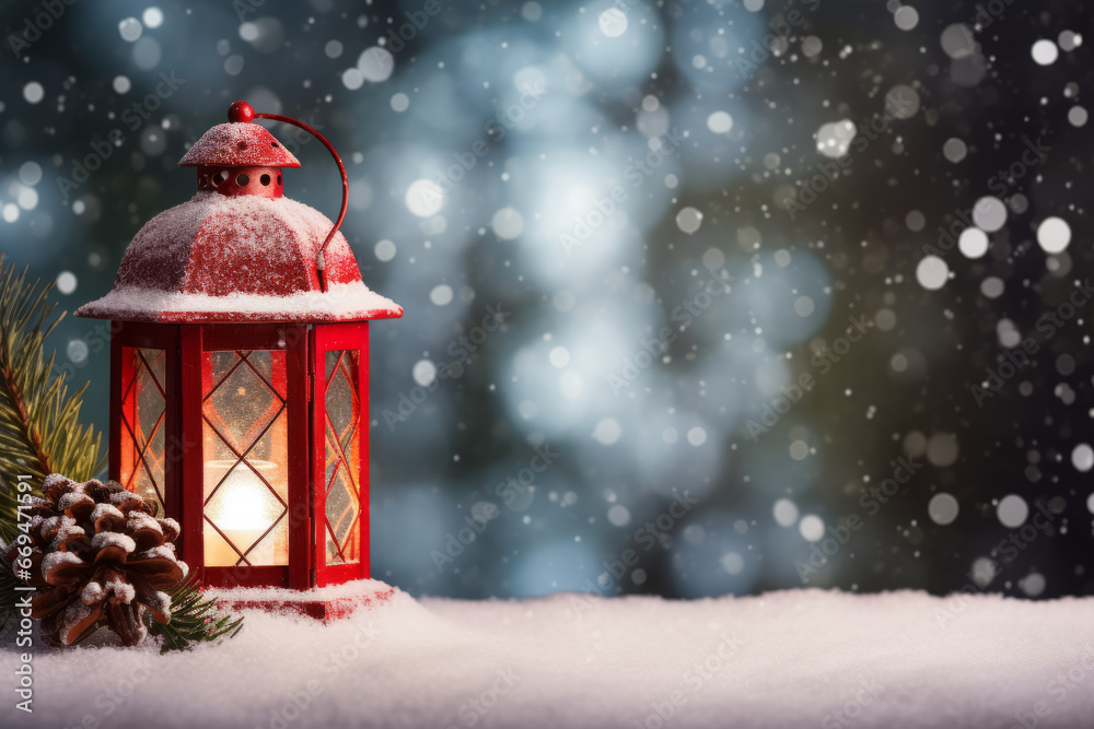 Red Christmas lantern in the snow, blurred background Red Christmas lantern in the snow, blurred background
