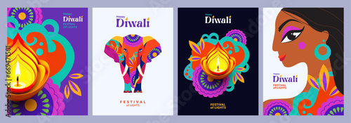 Happy Diwali Hindu festival modern design set with beautiful girl, elephant, oil lamps on colorful waves and flowers of lights. Holiday background for branding, card, banner, cover, flyer or poster