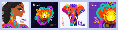 Happy Diwali Hindu festival modern design set with beautiful girl, elephant, oil lamps on colorful waves and flowers of lights. Holiday background for branding, card, banner, cover, flyer or poster