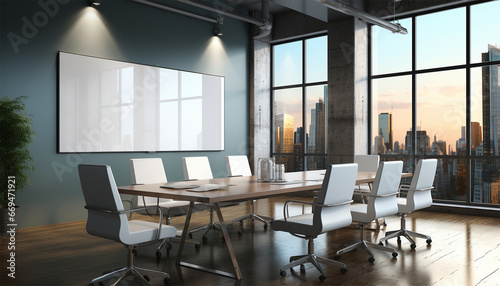 Modern meeting conference room with blank mockup board on wall. Interior of modern office meeting room  large conference table. 3d rendering. Teamwork business building interior concept