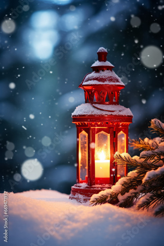 Red Christmas lantern in the snow, blurred background © Guido Amrein