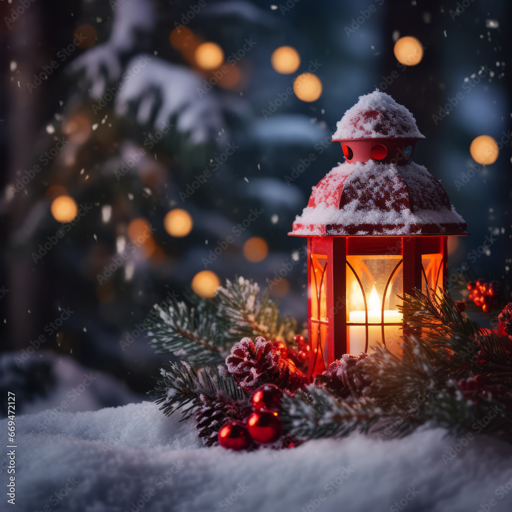 Red Christmas lantern in the snow, blurred background Red Christmas lantern in the snow, blurred background