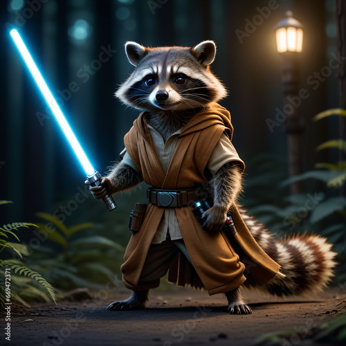 Star Raccoon Samurai: Lightsaber-wielding raccoon ready for cosmic adventures 
