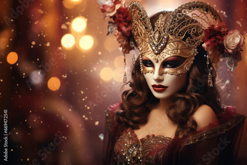 Beautiful woman in a carnival mask and dress against a background of blurry lights © Roman