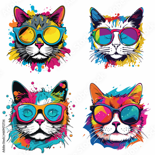 pop art-inspired portrayal of Cartoon Cat sporting funky, colorful eye glasses