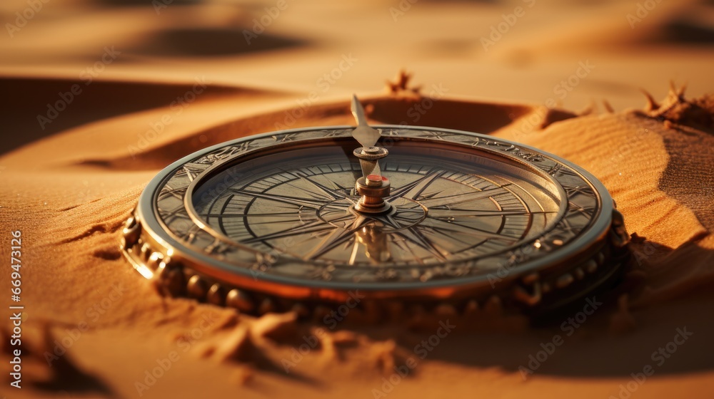 Detail to a compass in the desert, an instrument containing a magnetized pointer which shows the direction of magnetic north and bearings from it