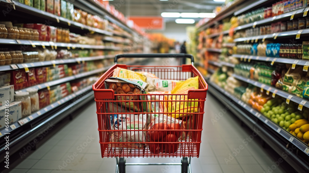 Shopping Cart in a Supermarket Aisle with Fresh Products and Food - obrazy, fototapety, plakaty 