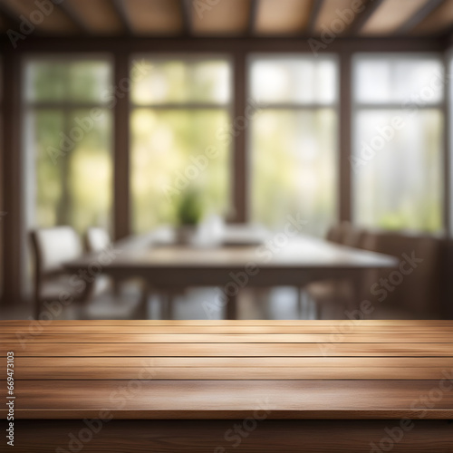 Empty wooden table and blurred restaurant