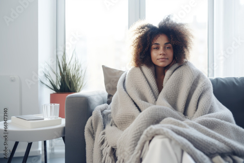 Young black woman wrapped in a white blanket trying to warm up in the cold apartment