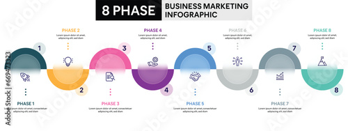 Pie chart circle infographic template with 8 options, steps, parts, segments. Business concept. marketing infographic vector illustration.