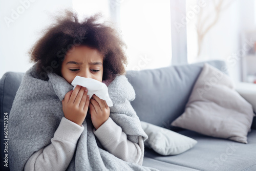 Young black woman wrapped in a blanket, blowing her nose into a white paper tissue, trying to warm up in the cold apartment