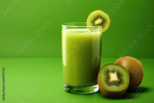 A glass of kiwi juice with kiwi on a green background. Nutrition Concept, Healthy Lifestyle