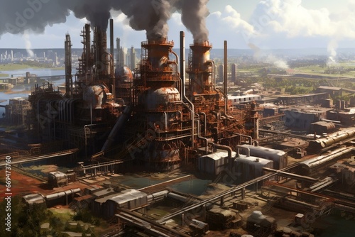 Enormous industrial complex with petrochemical production situated far from urban area. Generative AI