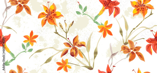 watercolor seamless texture with orange painting flowers against