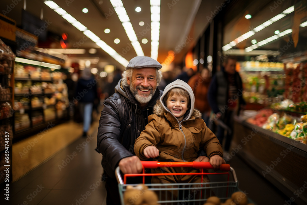 grandfather and grandson in mall using shopping cart