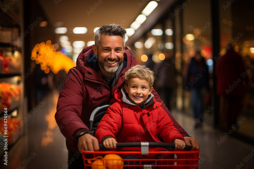 father and grandson in mall using shopping cart - obrazy, fototapety, plakaty 