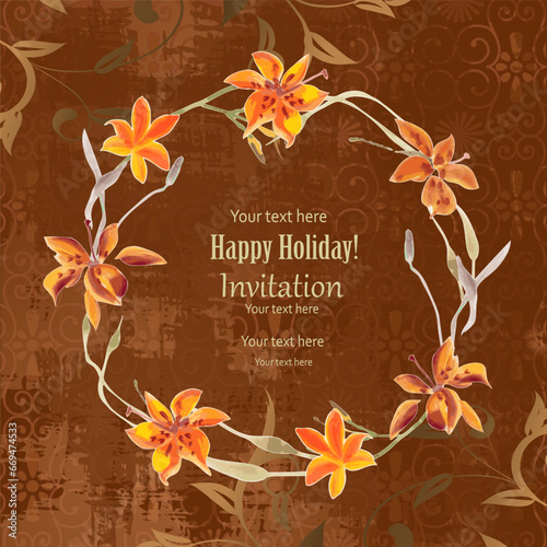 watercolor invitation card with a wreath of orange painting flow
