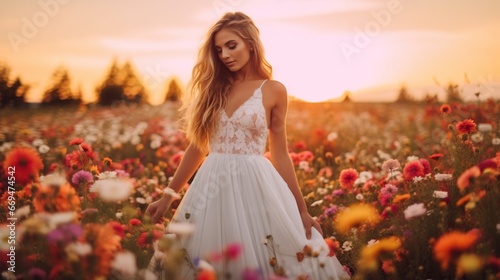 Woman in white dress in flower field