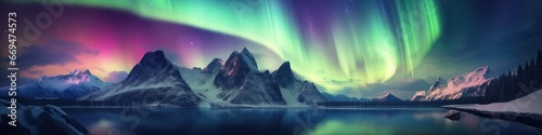 Colorful aurora over the snowy mountains  nature concept