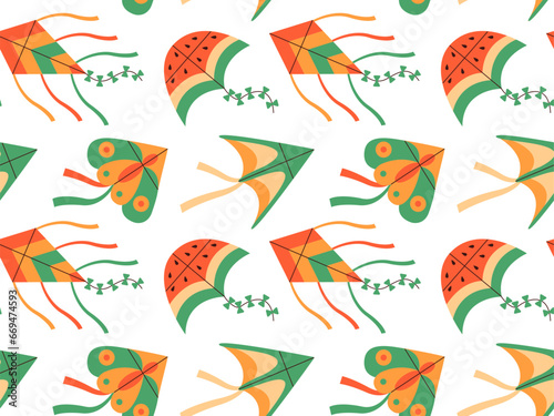 Seamless pattern of kites. Kite toy , flying tethered object with wings. Kids summer entertainment.