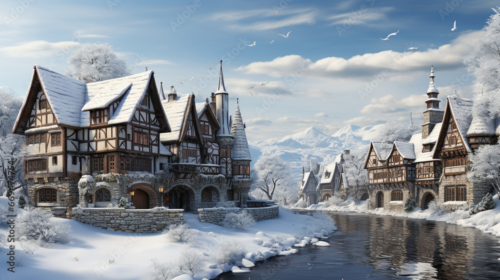 Festive winter background with a quaint village scene blanketed in snow