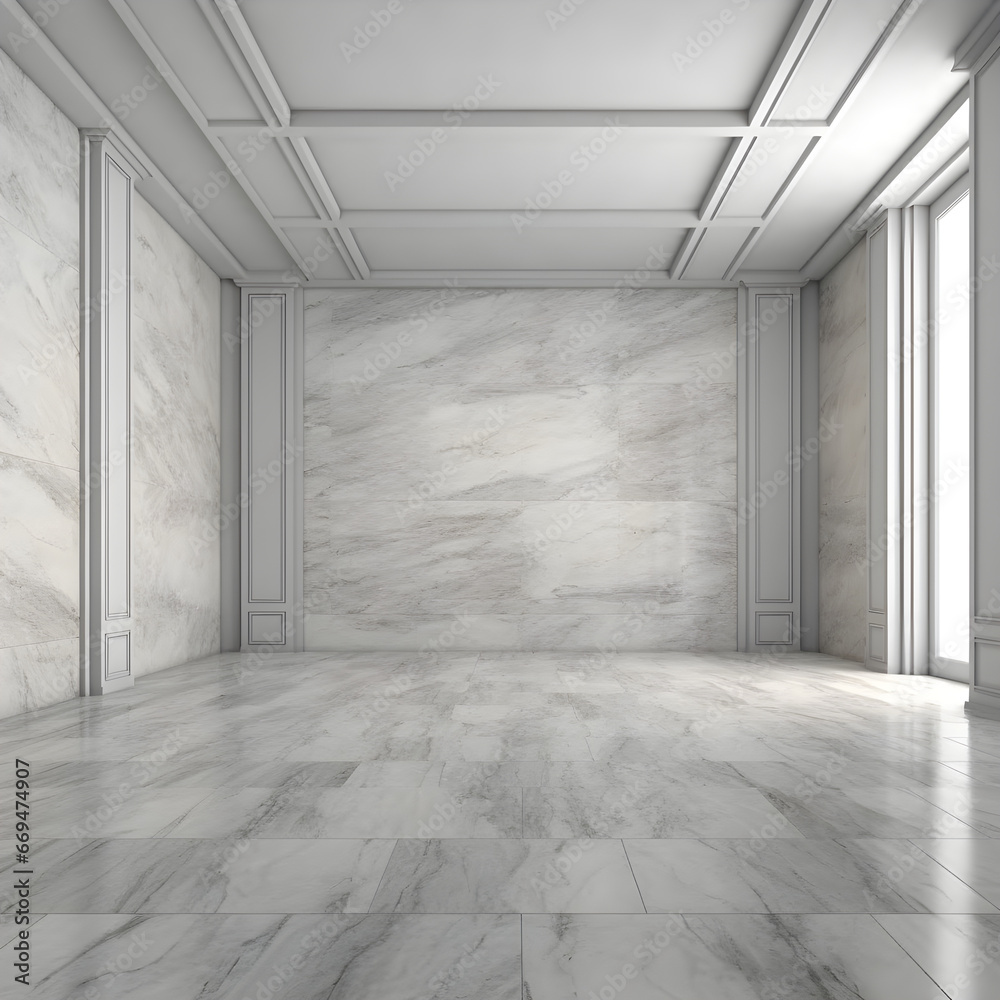 Large, empty room made of marble with a large window Large, empty room made of marble with a large window